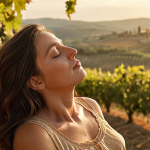 **

"A serene woman practicing diaphragmatic breathing outdoors in a Tuscan vineyard, golden hour lighting, soft focus, feeling of calm and well-being, earth tones, diffuse sunlight."

**
