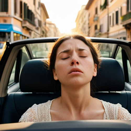 **A woman peacefully practicing diaphragmatic breathing in the middle of chaotic Rome traffic. She is in a car, eyes closed, with a serene expression on her face. The background is blurred with the bustling cityscape. Soft, calming colors with a hint of golden hour light.**