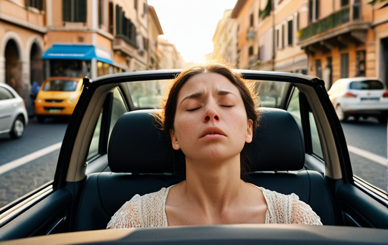 **A woman peacefully practicing diaphragmatic breathing in the middle of chaotic Rome traffic. She is in a car, eyes closed, with a serene expression on her face. The background is blurred with the bustling cityscape. Soft, calming colors with a hint of golden hour light.**