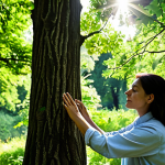 A professional individual in modest, appropriate outdoor attire, gently touching the bark of an ancient oak tree in a sun-dappled Italian forest. The scene captures the tranquility of 'Shinrin-Yoku', with sunlight filtering through lush green leaves, a subtle mist in the background, and a sense of deep connection to nature. The air is vibrant with natural scents and the distant sound of birdsong, fully clothed, appropriate attire, safe for work, family-friendly, perfect anatomy, correct proportions, natural pose, well-formed hands, proper finger count, natural body proportions, professional photography, high quality.