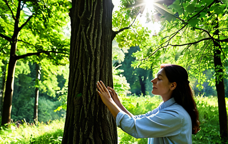 A professional individual in modest, appropriate outdoor attire, gently touching the bark of an ancient oak tree in a sun-dappled Italian forest. The scene captures the tranquility of 'Shinrin-Yoku', with sunlight filtering through lush green leaves, a subtle mist in the background, and a sense of deep connection to nature. The air is vibrant with natural scents and the distant sound of birdsong, fully clothed, appropriate attire, safe for work, family-friendly, perfect anatomy, correct proportions, natural pose, well-formed hands, proper finger count, natural body proportions, professional photography, high quality.