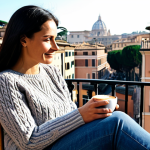Home 6 Coffee Break Bliss**
"A woman in her 30s, wearing a modest and stylish casual outfit (jeans and a sweater), sitting on a sunny balcony in Rome. She's holding a cappuccino with a dusting of cocoa, looking relaxed and content. The background features terracotta rooftops and a glimpse of the Roman skyline. Safe for work, appropriate content, fully clothed, professional, natural proportions, well-formed hands, perfect anatomy, high quality."
**