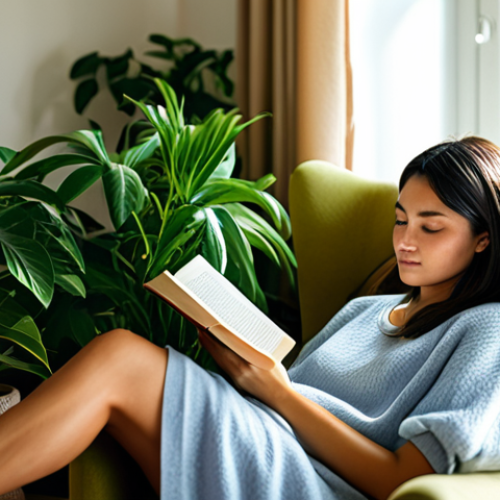 Home 17 스트레스 해소법 스트레스 해소에 좋은 책 - **Image of Reading for Relaxation:**
"A woman in a cozy armchair, fully clothed in comfortable clot...