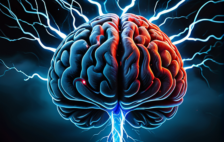 스트레스 해소를 위한 뇌과학적 접근 - **The Overwhelmed Mind Under Stress:**
A hyper-realistic depiction of a human brain, translucent...