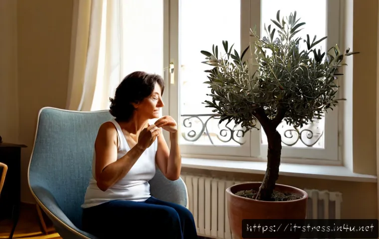 스트레스 해소를 위한 감정 회복 훈련 - Photorealistic Italian woman in her early 50s practicing emotional recovery training at a sunlit apa...