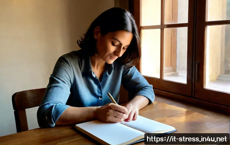 스트레스 해소를 위한 글쓰기 - Photorealistic serene Italian woman in her early 40s writing privately in a blank notebook at a sunl...